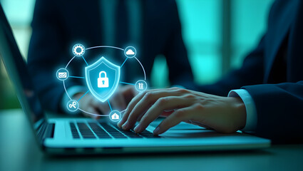 Person typing on laptop with cyber security overlayed