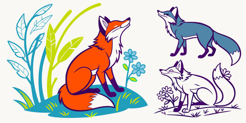 Naklejka premium Stylized foxes in various poses with floral and leaf accents evoke a whimsical and nature-inspired theme