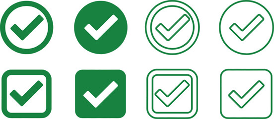 Green Check Mark Icon Set  Round and Square Tick Buttons on Transparent Vector Background