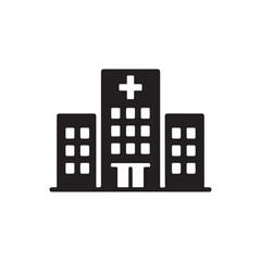 Black silhouette icon of hospital building with plus symbol on white background