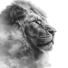 Profile of a majestic lion, gray tones, clouds