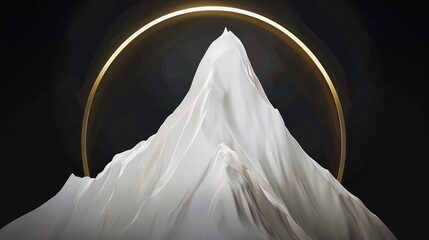 Abstract white mountain peak standing prominent with a glowing golden ring encircling it, set against a deep dark background. This artistic scene blends natural elements with a touch of mystique, 