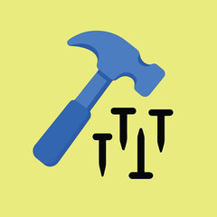 A blue hammer and three black nails sit against a yellow background in a simple illustration.