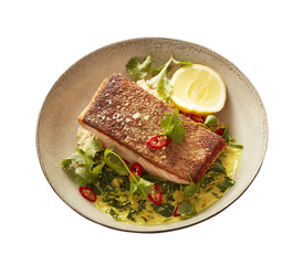 crispy salmon fillet with coconut cream spinach