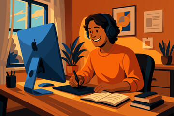 Young gen z man working on desktop computer with image layout – editable flat vector illustration