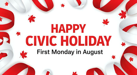 Celebrate Happy Civic Holiday with red maple leaves and patriotic ribbons, a festive banner perfect for greetings, events, and promotions, invoking Canadian pride for holiday events.