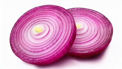 Vibrant red onion circles isolated clearly on white, showing crisp layers and detail for fresh food branding and design.
