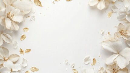 invitation template, elegant floral border design with gold accents, delicate calligraphy text space, on white background