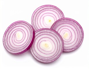Vibrant red onion circles isolated clearly on white, showing crisp layers and detail for fresh food branding and design.
