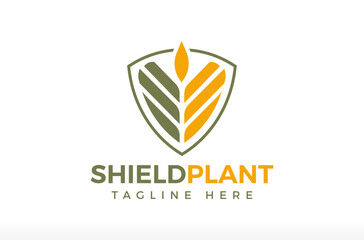 Agriculture Plant With Shield Logo Design, protects the farm from harmful bugs, insects, and humans creating bad things, crop grain shield, agro food tree plant shield icon Vector symbol illustrations