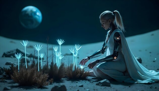 Futuristic Cyborg Woman Touching Glowing Blue Plants on an Alien Planet