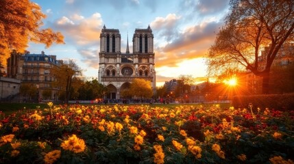 Obraz premium Beautiful view of Notre Dame Cathedral du sunset with colorful flower garden and autumn trees