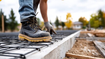 Construction worker's work boot on rebar reinforcement at building site