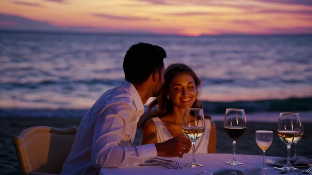 Intimate dusk seaside date with wine glasses Romantic getaway couple enjoying private, affectionate evening by the ocean diner
