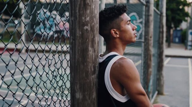 Adolescent athlete taking respite against timber supports after urban court gameplay