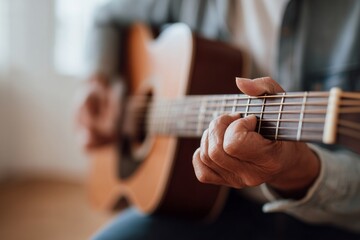 Fototapeta premium A close-up of hands playing an acoustic guitar, focusing on the strings and frets. Evokes passion, creativity, and music.