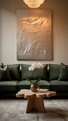 Orchid centerpiece on uniquely shaped wooden table in front of a green velvet couch and art