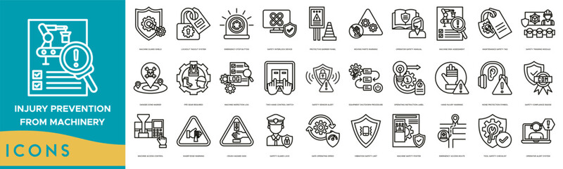 Injury Prevention from Machinery icon set. Machine Guard Shield, Lockout Tagout System, Emergency Stop Button, Safety Interlock Device, Protective Barrier Panel and Moving Parts Warning