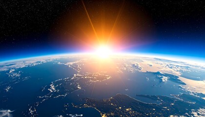 Stunning Sunrise View Earths Horizon with Suns Rays Shining, and Space Backdrop.