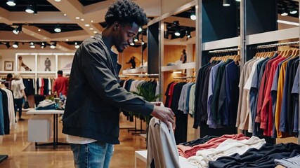 Young African-American man shopping for clothes in retail store carefully examining price tag shopping