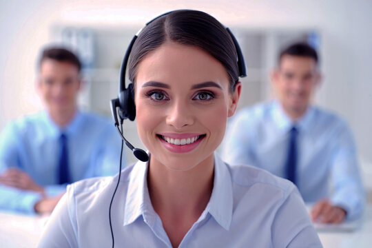 Three Headset Professionals in Coordinated Workstations with Blurred Office Background — Concept Illustration of Digital Service Role Clarity and Support Workflow