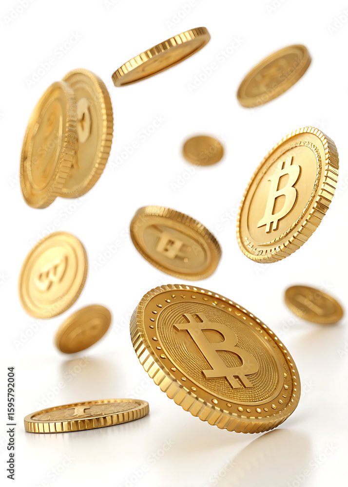 Poster a close up view of several golden bitcoin coins falling on a white surface in a studio setting