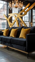 Black velvet sofa with gold accents and mustard pillows in modern loft apartment interior