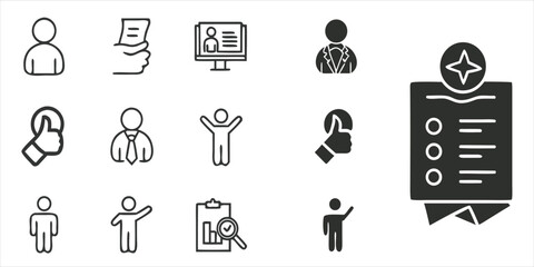 Human resources and business management icon set, illustrating concepts like staff recruitment, employee evaluation, career development, and corporate success with various line and glyph symbols.