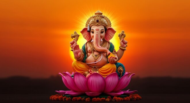 Sunset orange to crimson red gradient banner with Lord Ganesha idol holding modak, sitting on lotus with sparkling aura