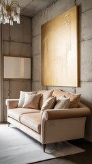 Elegant beige sofa with throw pillows sits beneath a gold abstract painting in a modern living room