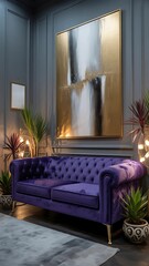 Purple velvet sofa sits beneath abstract painting in a stylish room with plants and soft light