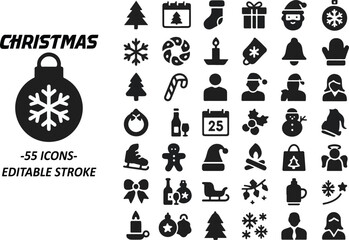 Obraz premium Christmas Icon Set – 55 Editable Stroke Vector Icons for Holiday, Winter, and Festive Designs