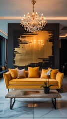 Living room interior with yellow sofa, cushions, and golden artwork under a crystal chandelier
