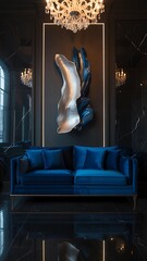 Blue velvet sofa against dark marble wall with silver and blue art in luxurious interior