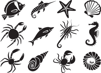 Naklejka premium Sea Creatures Silhouette Bundle Ocean Animal Vector Pack