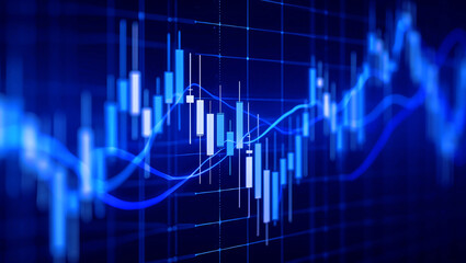 Glowing Financial Candlestick Chart on Dark Blue Background with Grid and Curves — Concept Visual Representing Market Movement, Technical Analysis, and Volatility Tracking