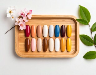 四季を彩るネイルカラー：和のトレイに並ぶ美しい色見本