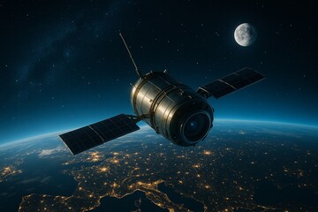 Satellite in Low Earth Orbit with Glowing City Lights Below