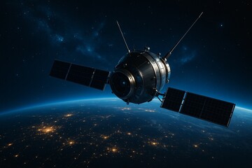 Futuristic Satellite Orbiting Earth at Night with Starry Space Background