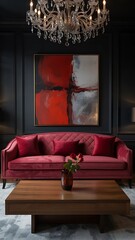 Elegant living room interior featuring a red velvet sofa, artwork, and coffee table with dark walls