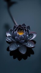 Dark lotus with water droplets creates a striking and moody composition on a dark background