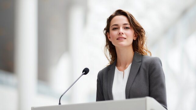 Confident professional business woman speaking at podium with microphone, delivering presentation at corporate conference, representing leadership and success in formal event. - Powered by Adobe