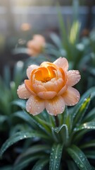 Close up of an apricot colored flower with water droplets in a garden setting on a sunny day