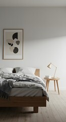 Minimalist bedroom interior featuring a wooden bed with white linens, a side table, lamp, and framed abstract art on the wall.