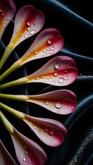 Rain lily petals with water droplets on dark blue satin fabric in an elegant and artistic arrangement