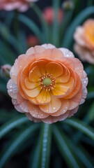 Peach ranunculus flower with water droplets blooming in a garden with a blurred green background