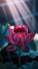 Close-up of pink lotus flower with water droplets and sun rays in the background, serene and peaceful