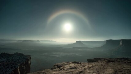 Sun halo over hazy desert landscape at sunrise. Bright sun, muted colors, vast canyon view, and a subtle rainbow ring around the sun. - Powered by Adobe