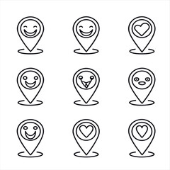 Map pin emoticon and reaction line icon set with happy smiley face and favorite heart symbols for social media
