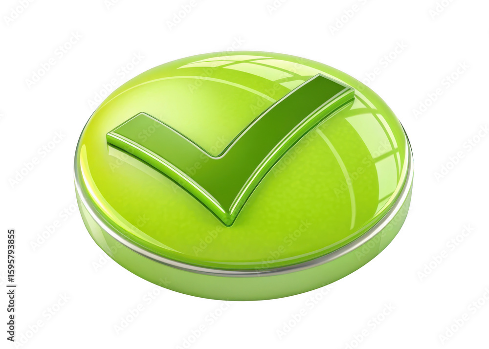 Poster shiny green check mark symbol on a glossy round button isolated on transparent background
